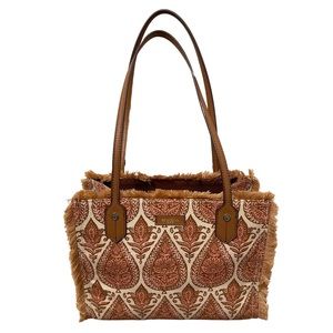 Spartina Anna Fringe Linen Leather Paisley Print Tan Peach Cream Fringe Handbag